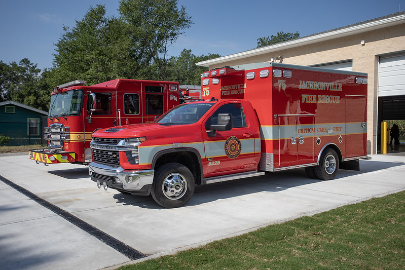 Fire trucks parks at fire station 75